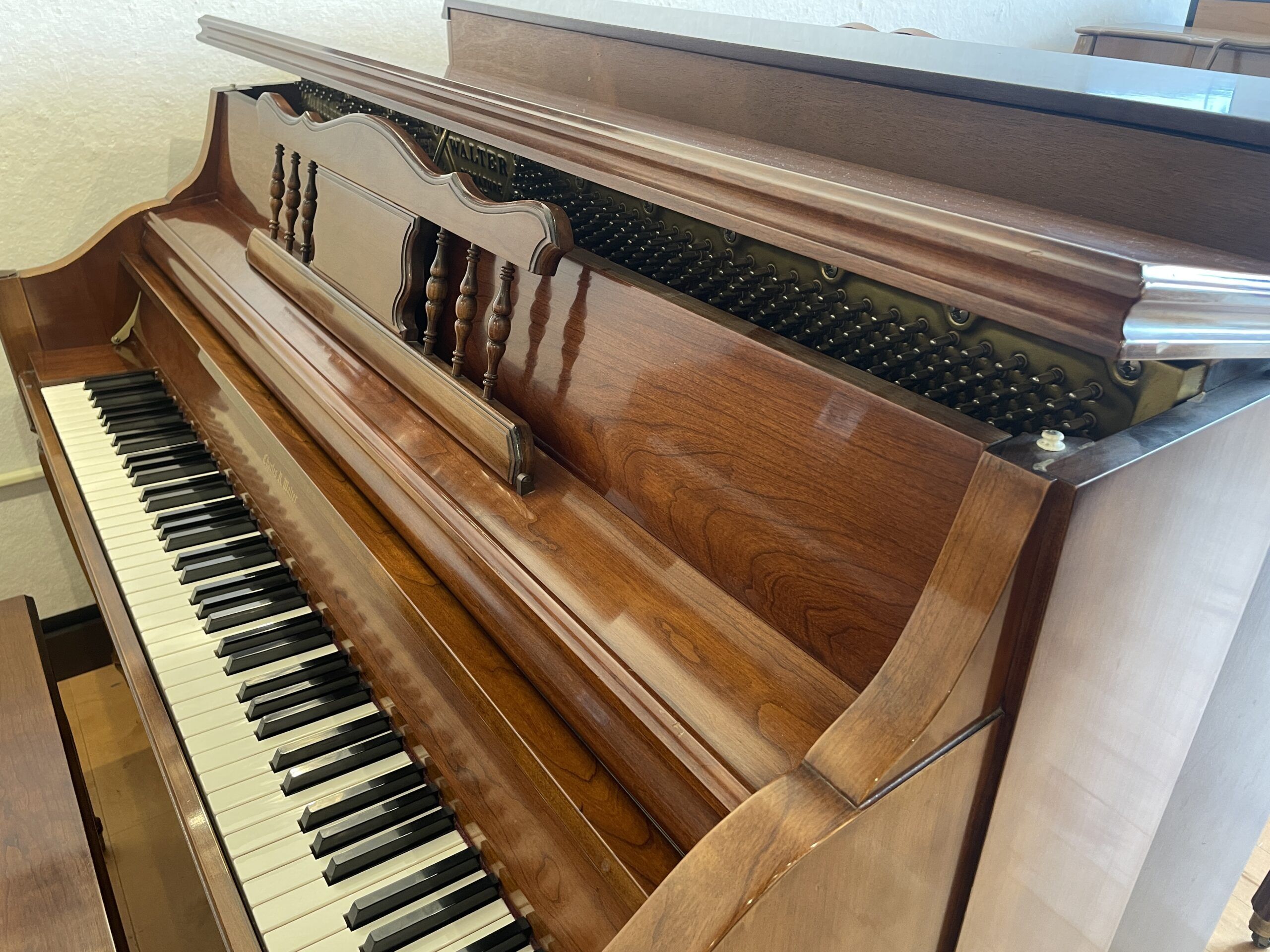 Charles R. Walter Cherry Console Upright Piano Side View Charles R. Walter Cherry Console Upright Piano Side View
