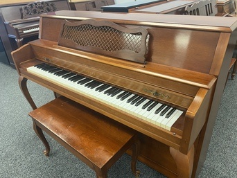 Yamaha M305 Queen Anne Walnut upright piano right angle view