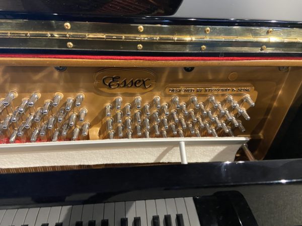 Essex EUP116 USED upright piano logo and tuning pins